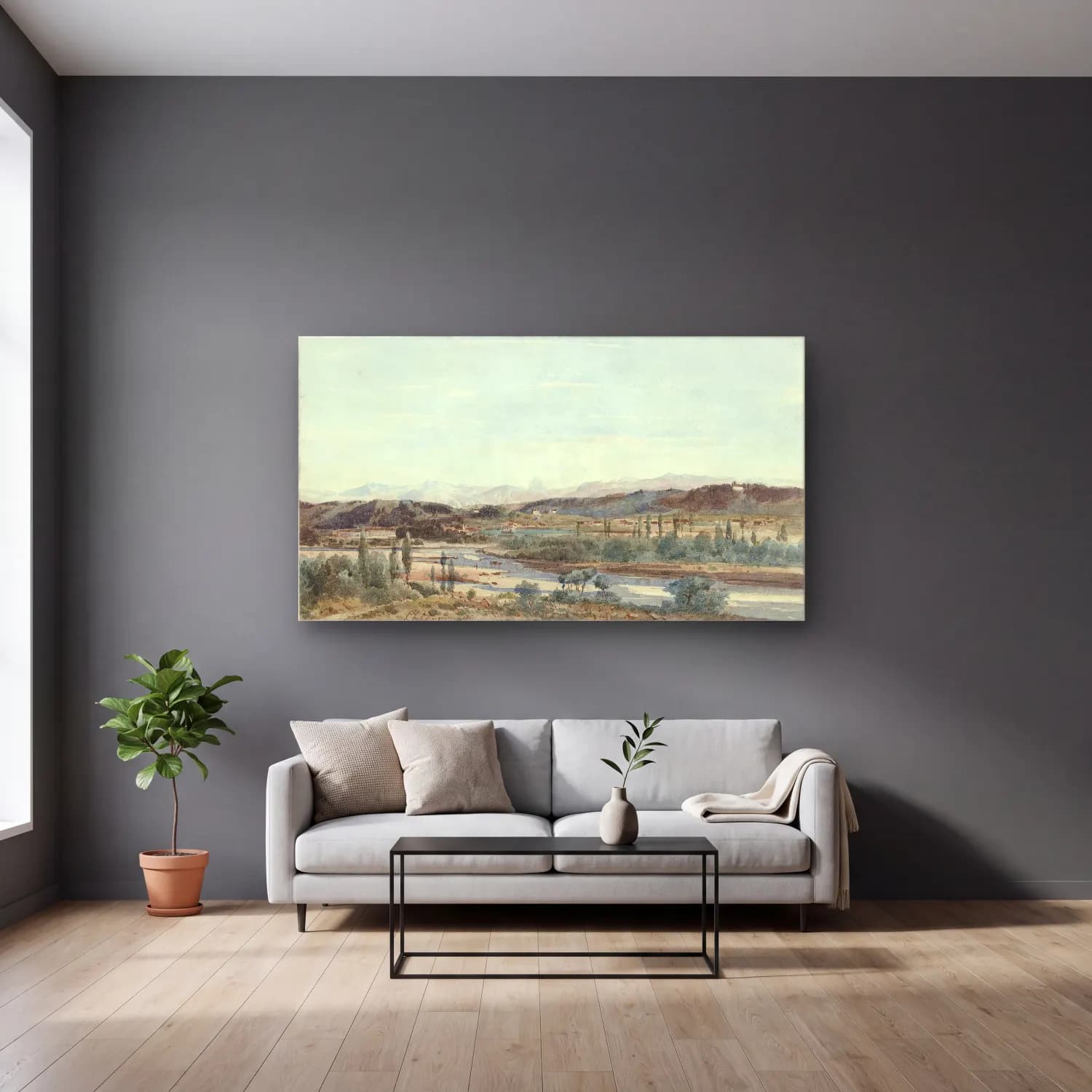 Henri-Joseph Harpignies – Landscape with a River Valley in the South of France cam tablo — gri duvarlı salonda