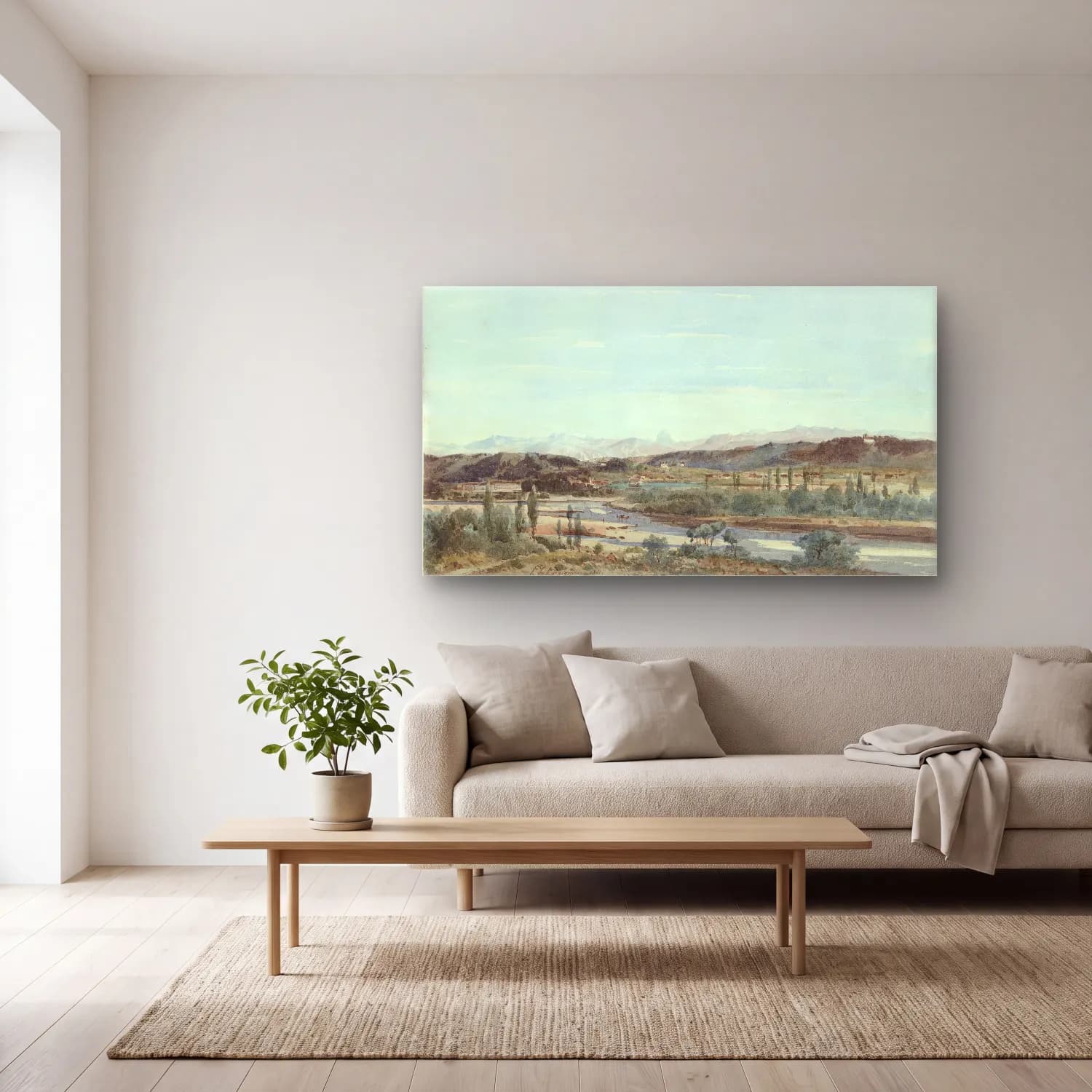 Henri-Joseph Harpignies – Landscape with a River Valley in the South of France cam tablo — açık renk salonda
