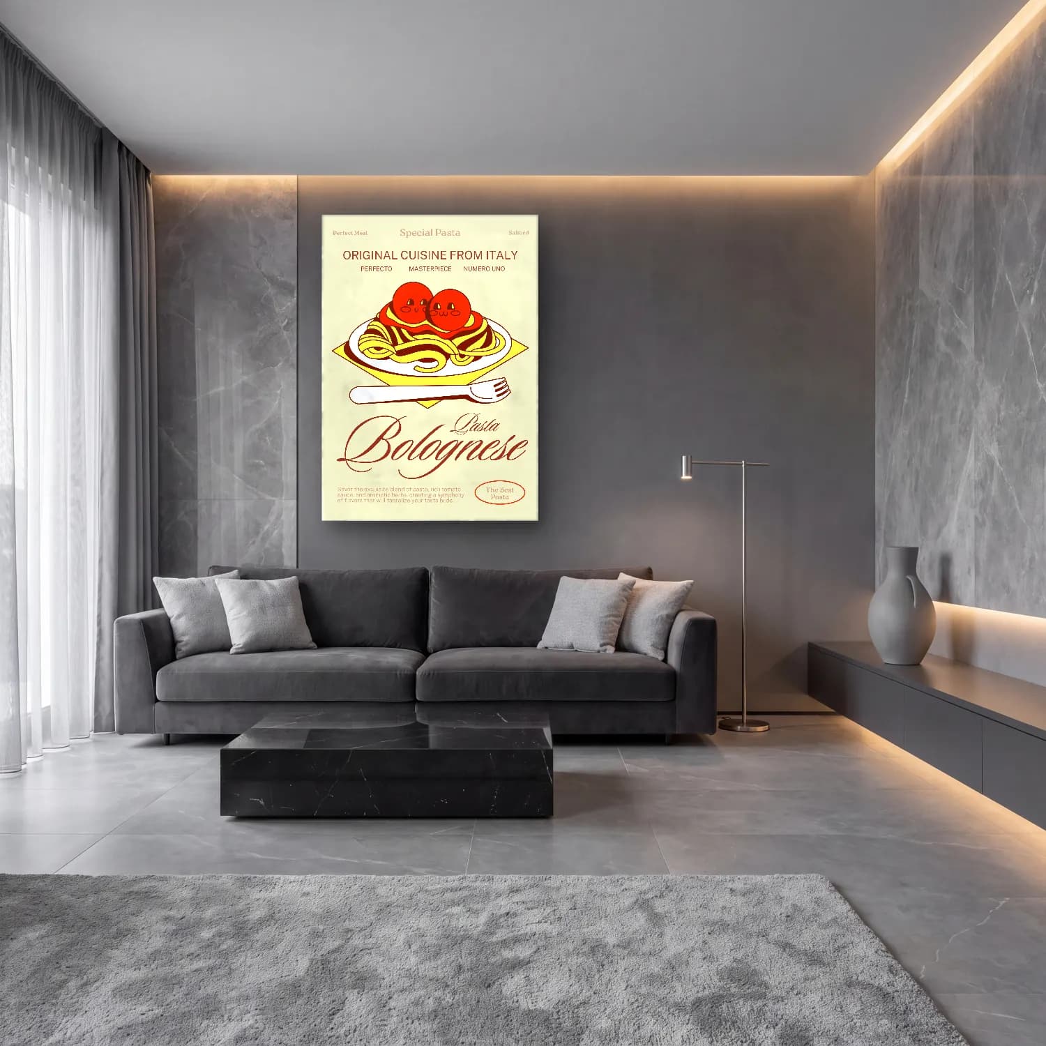 Vintage Poster Makarna No. 4 cam tablo — lüks salon duvarında