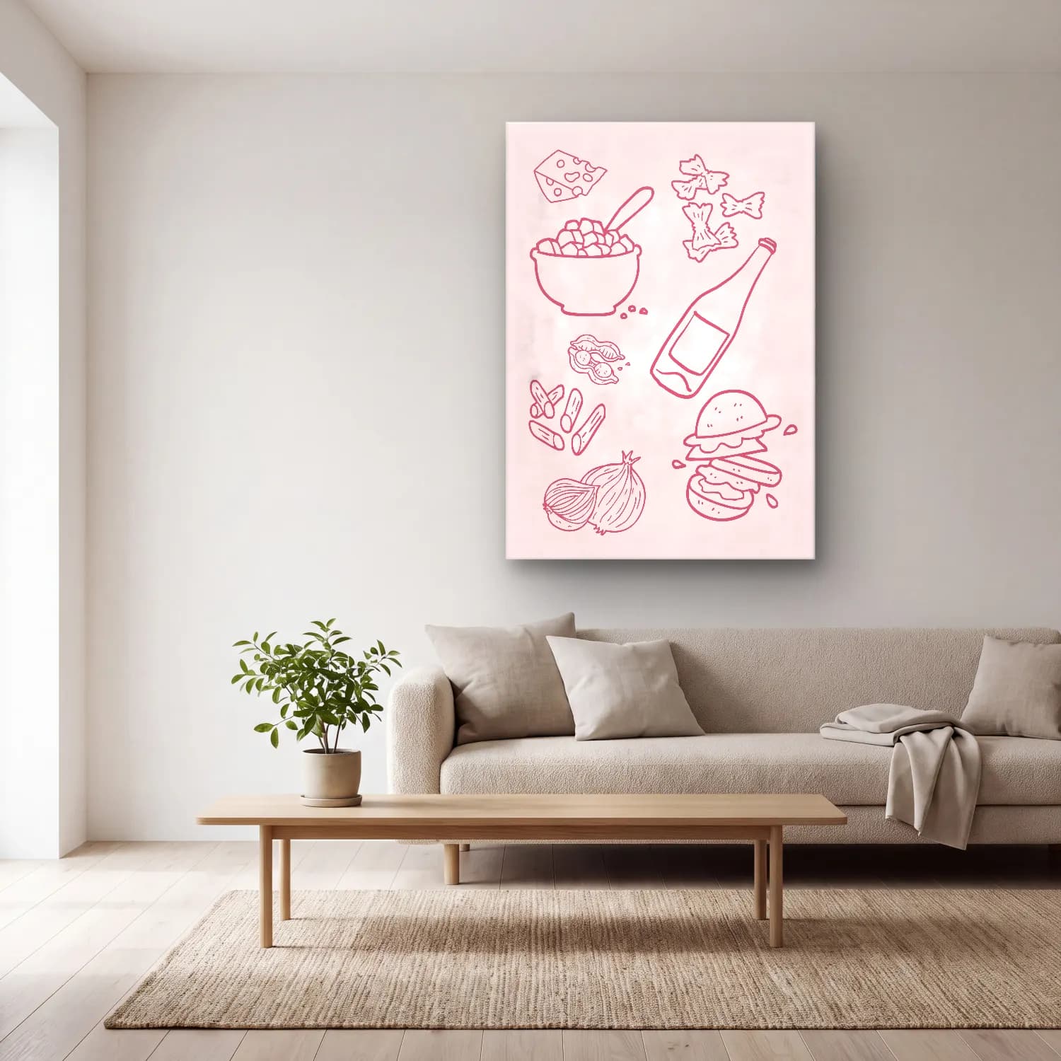 Pastel Makarna No. 5 cam tablo — açık renk salonda