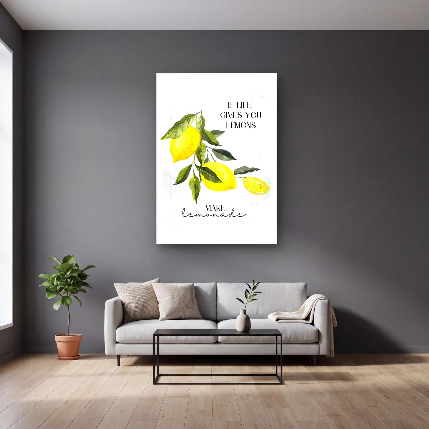 Botanik İllüstrasyon Limonlar No. 4 cam tablo — gri duvarlı salonda