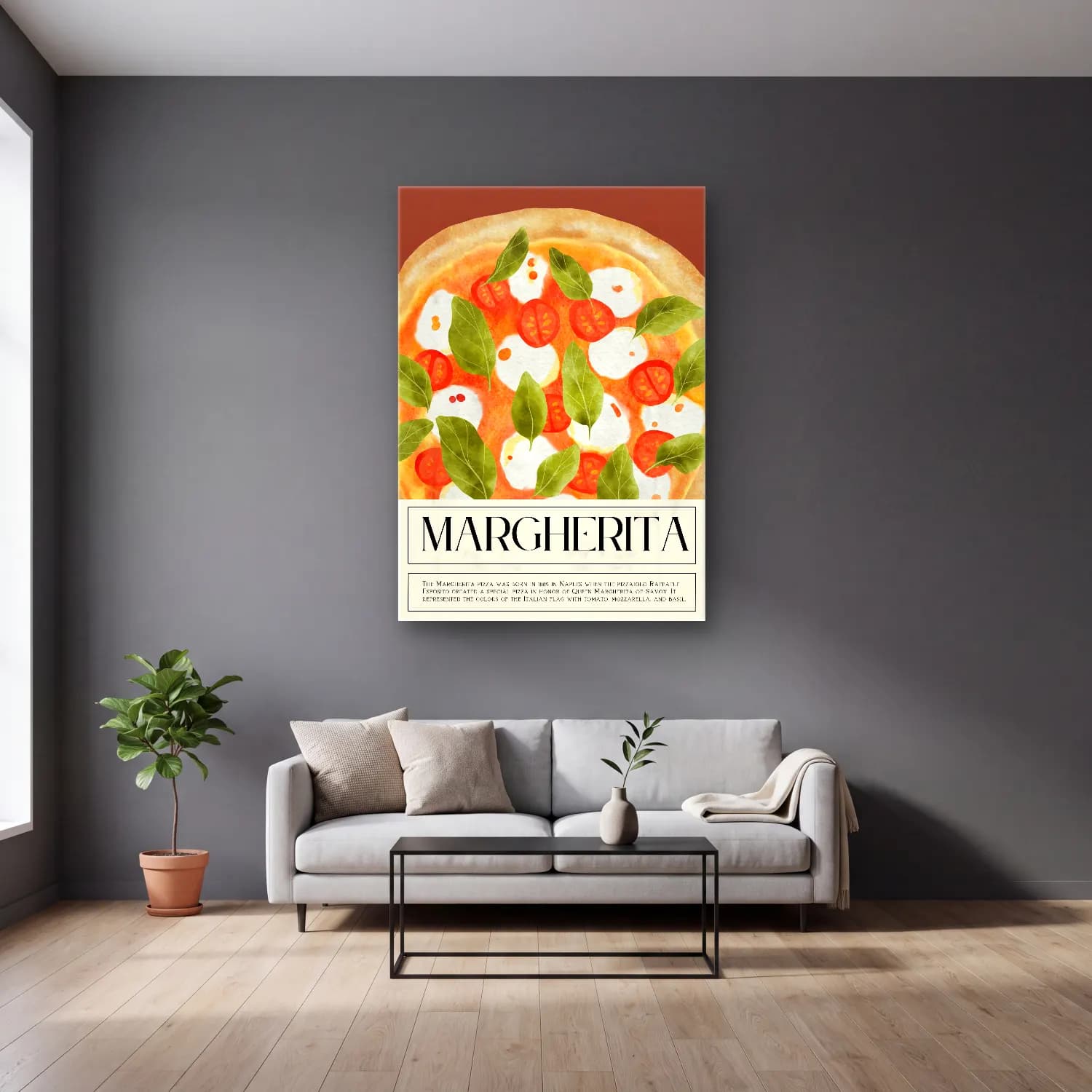 Vintage Makarna No. 6 cam tablo — gri duvarlı salonda