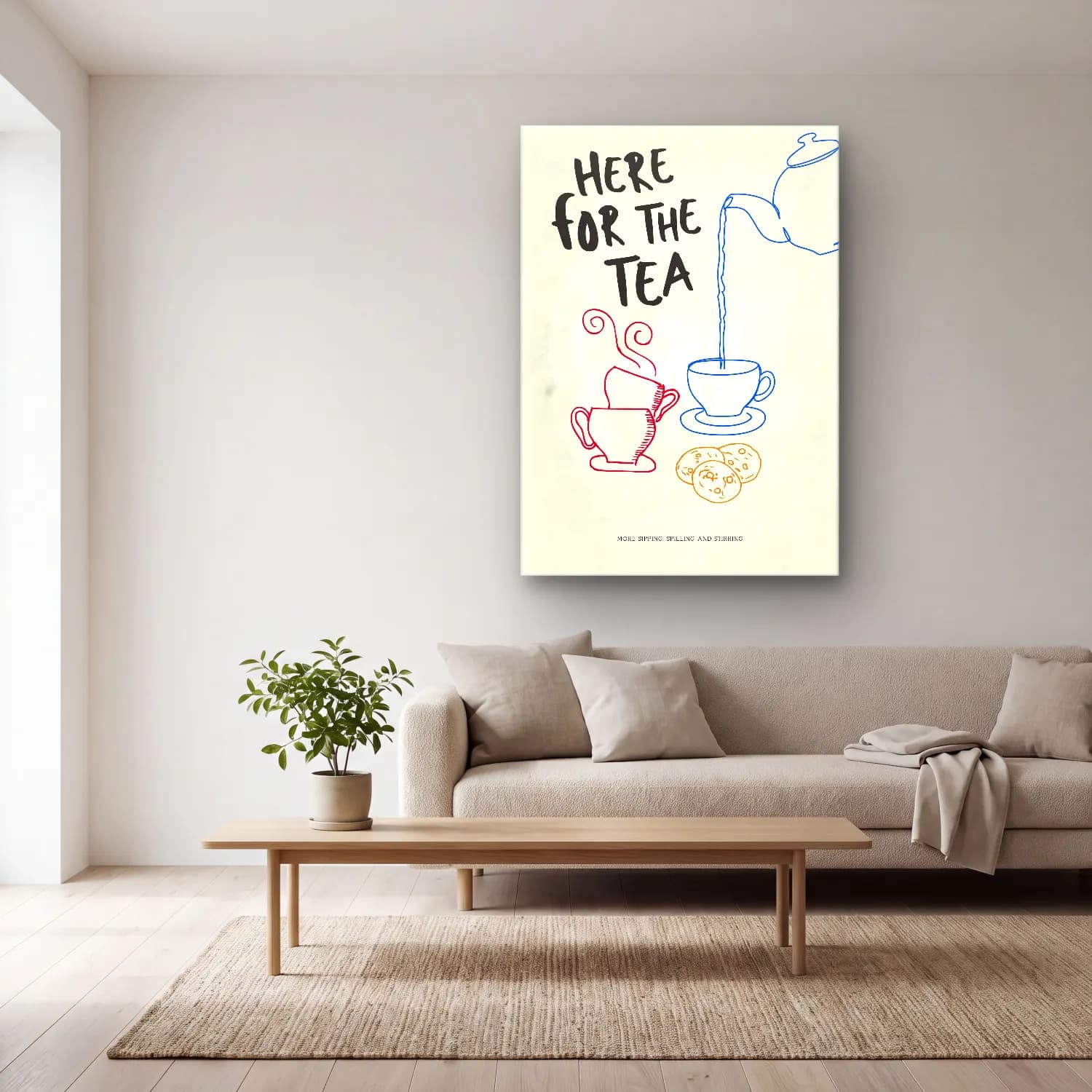 Vintage Poster Çay Fincanı cam tablo — açık renk salonda