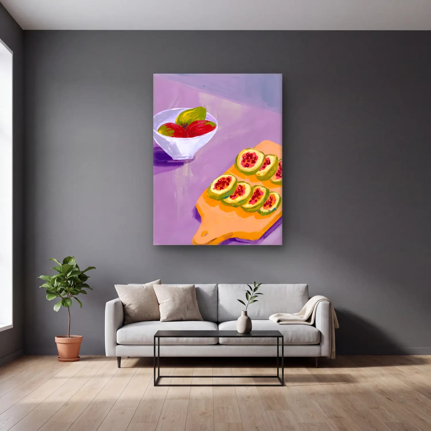 Empresyonist İncirler – Pastel Tonlar cam tablo — gri duvarlı salonda