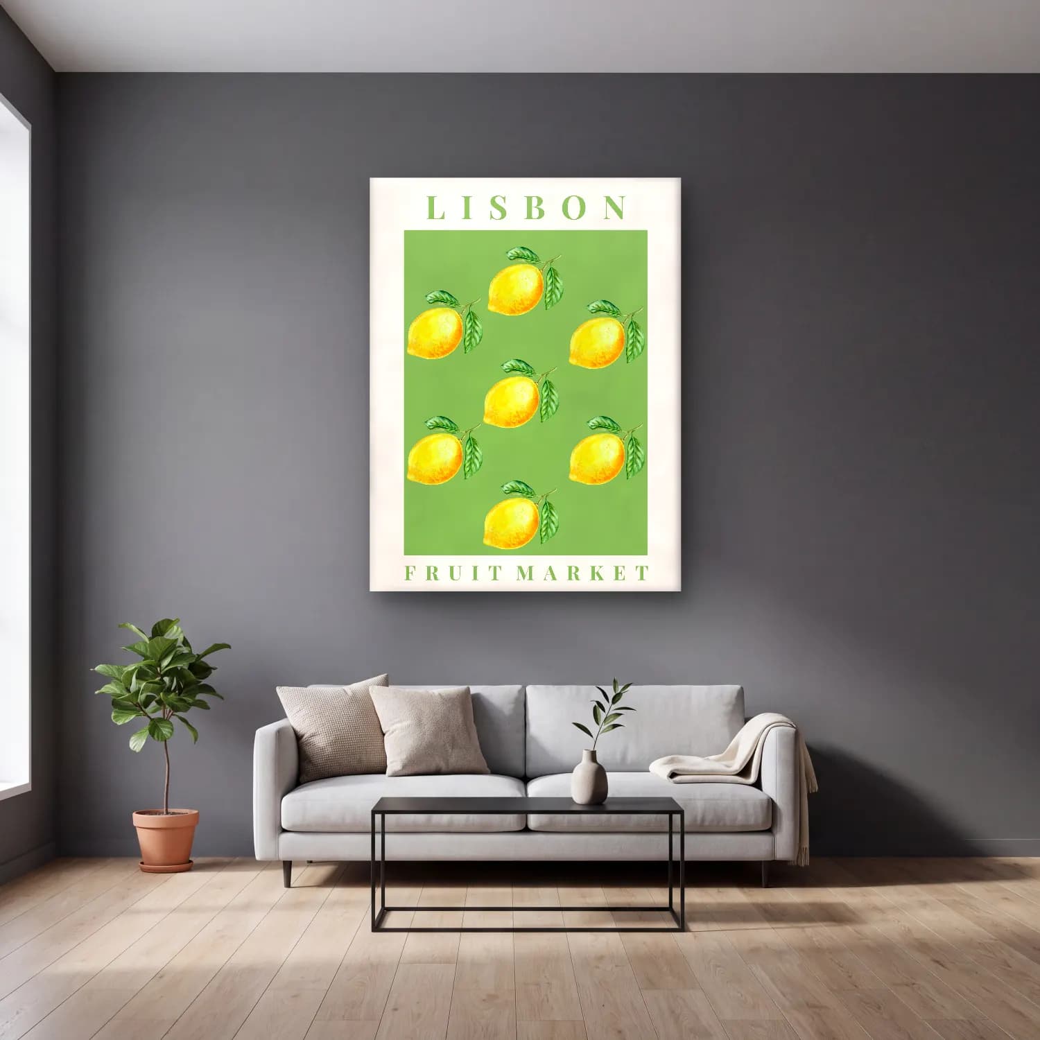Pastel Limonlar No. 5 cam tablo — gri duvarlı salonda