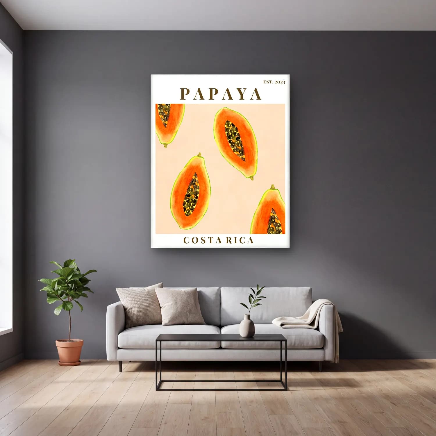 Pastel Karpuz – Turuncu Tonlar cam tablo — gri duvarlı salonda