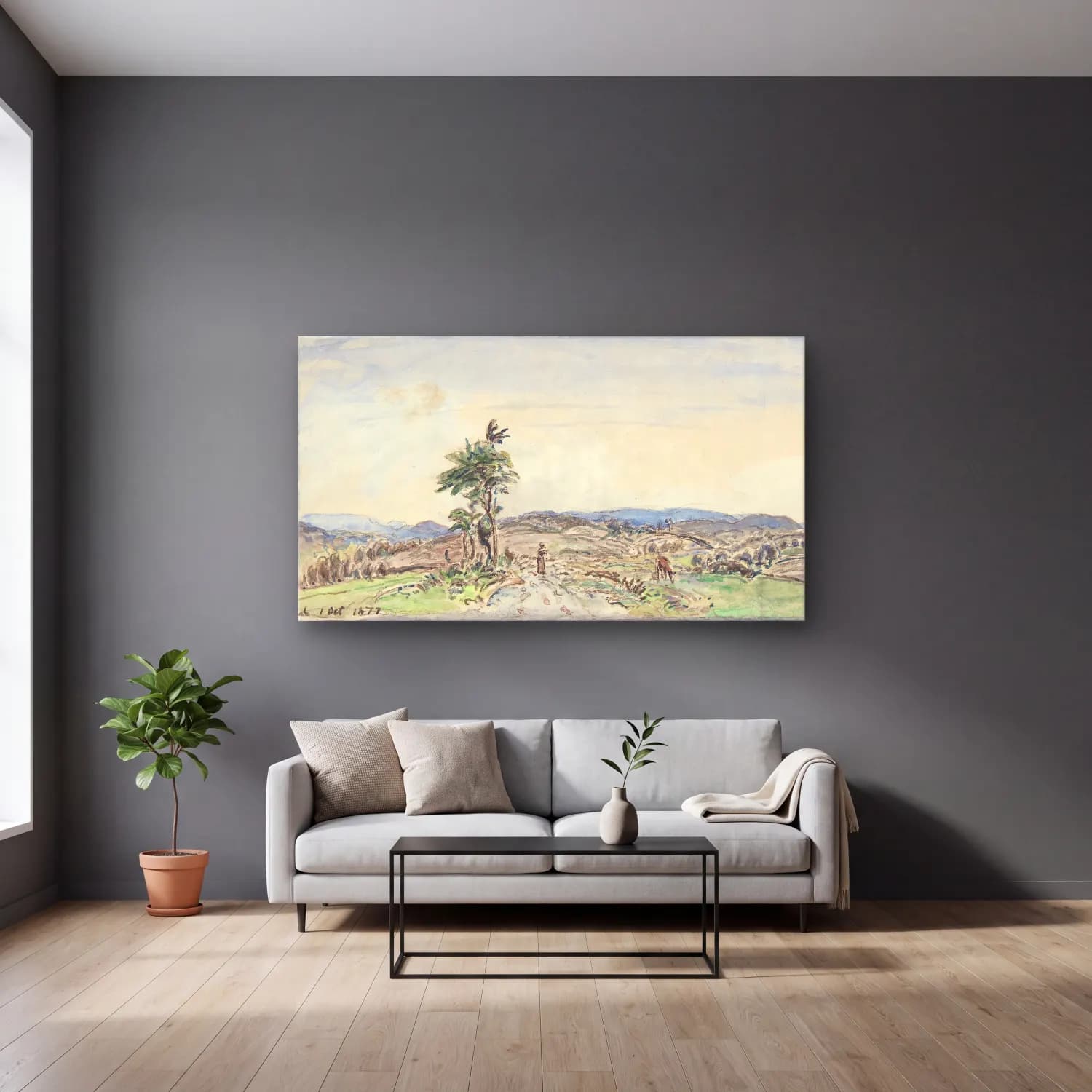 Johan Barthold Jongkind – Landscape cam tablo — gri duvarlı salonda