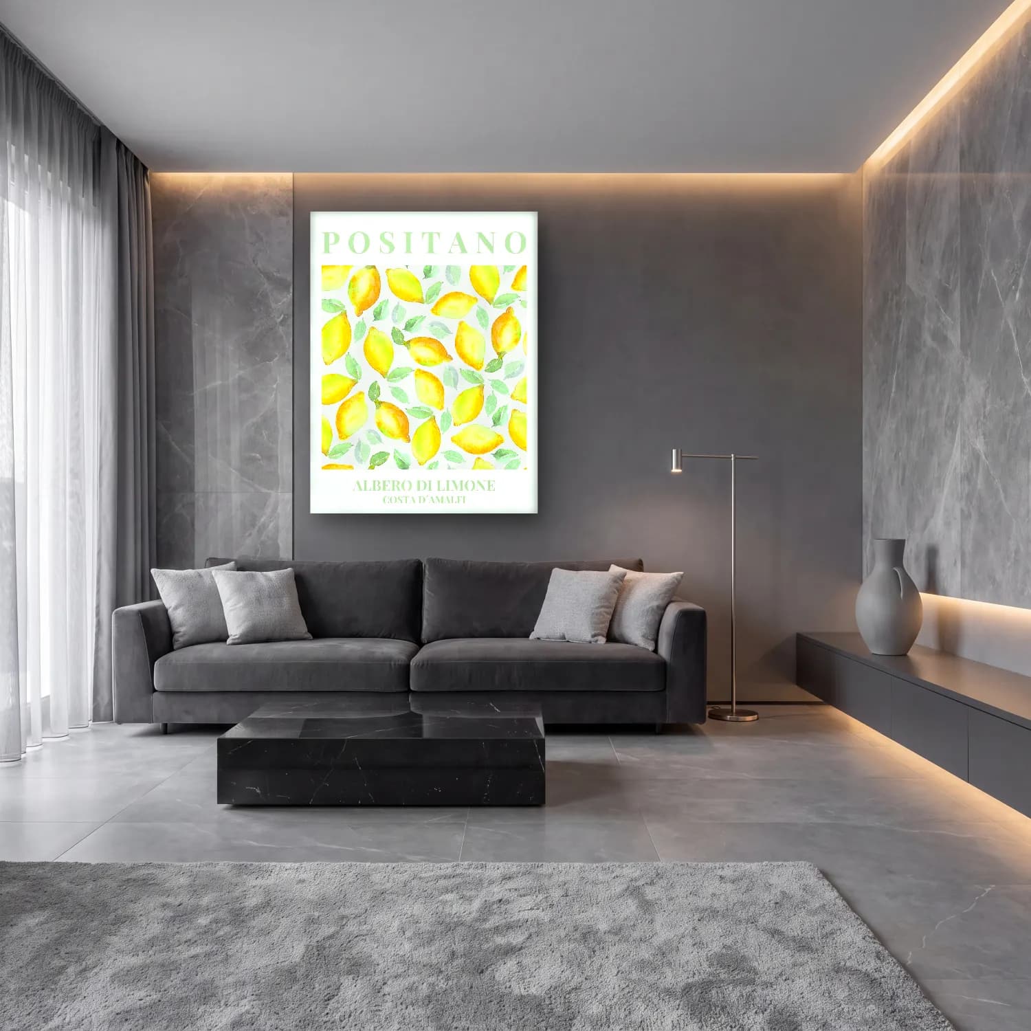 Pastel Limonlar No. 6 cam tablo — lüks salon duvarında