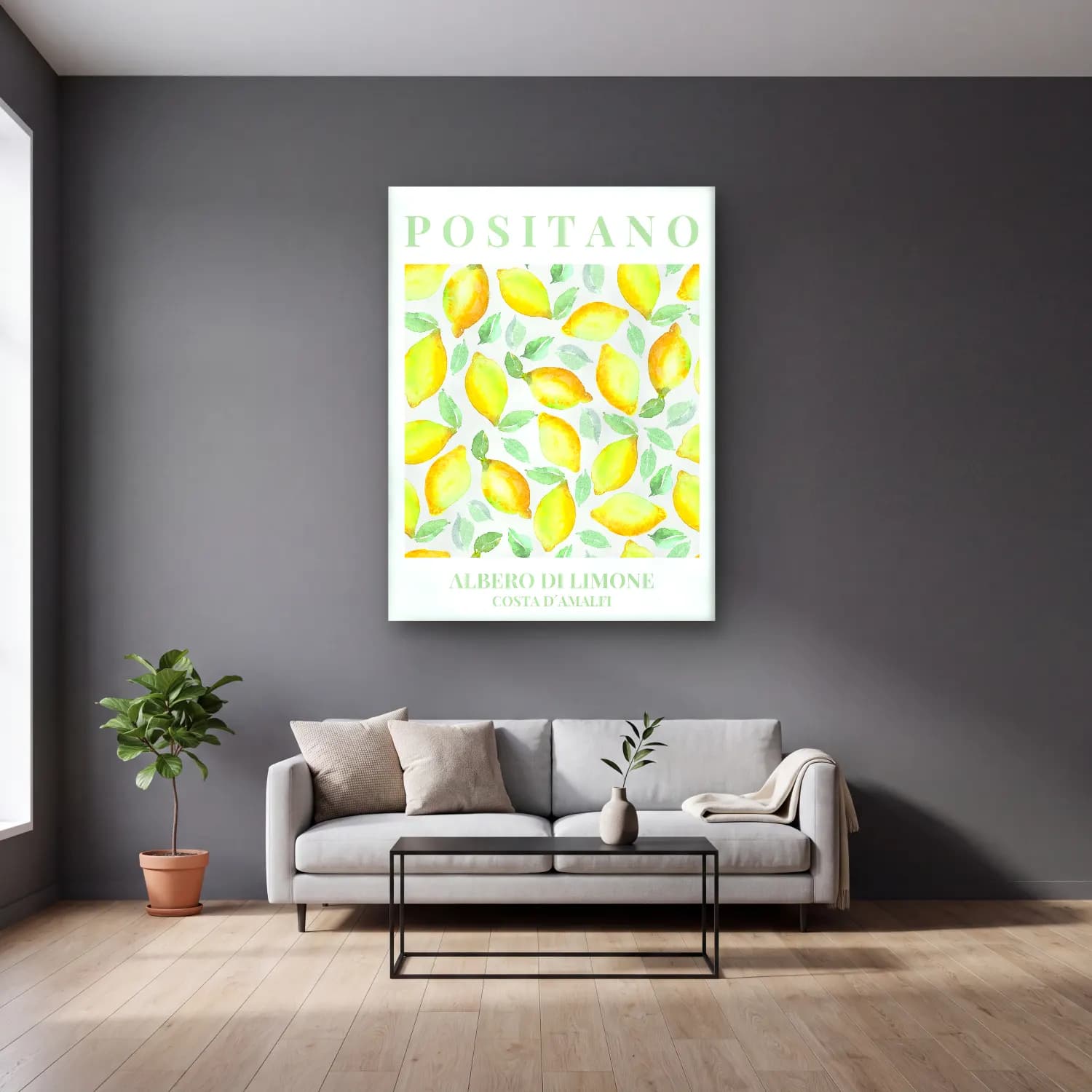 Pastel Limonlar No. 6 cam tablo — gri duvarlı salonda