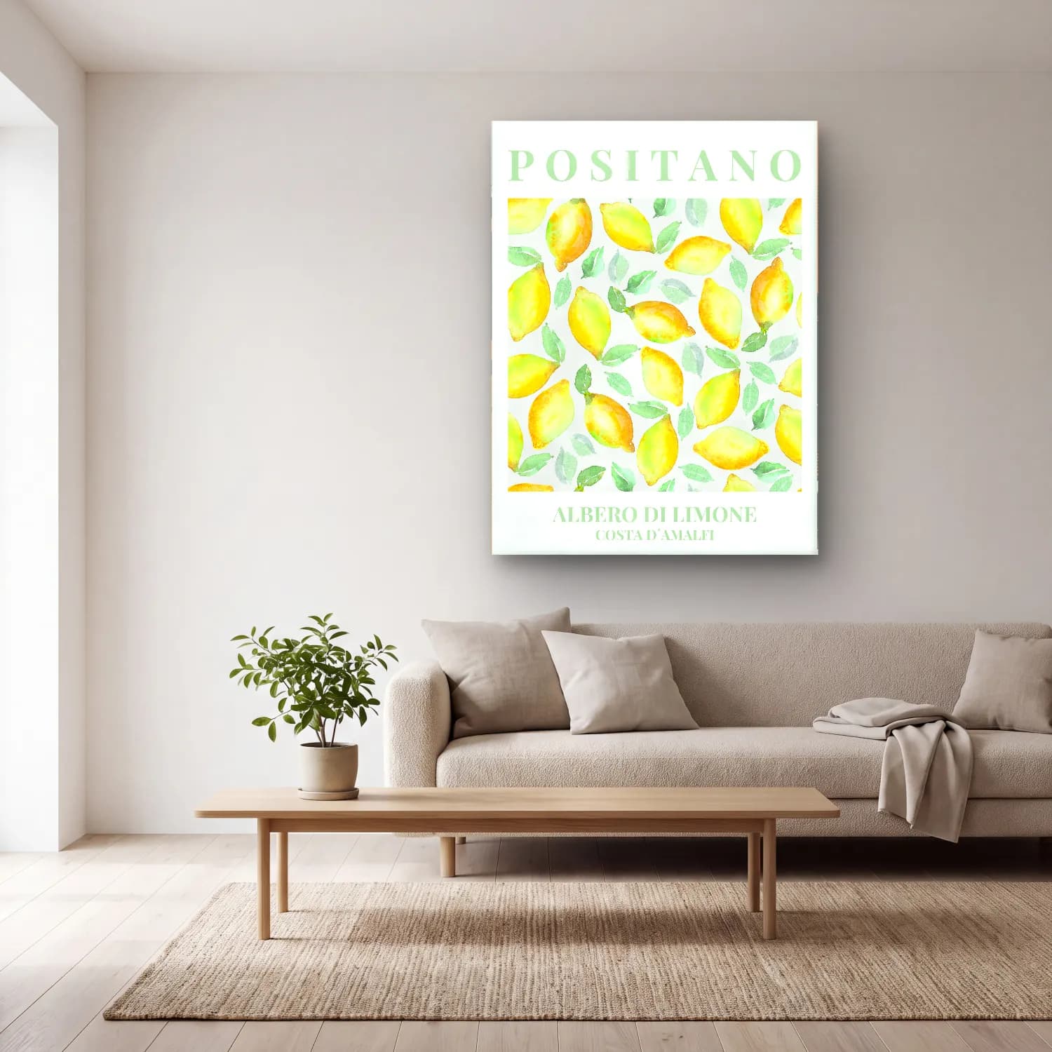 Pastel Limonlar No. 6 cam tablo — açık renk salonda