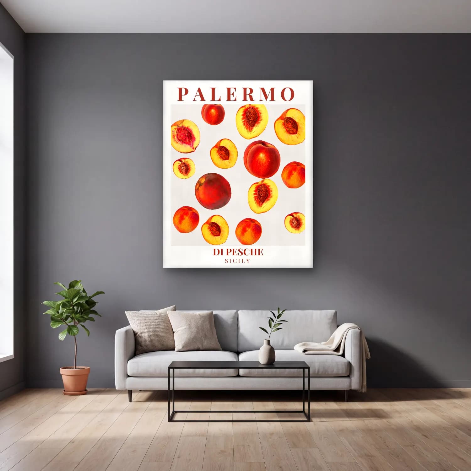 Pastel Meyveli Natürmort No. 3 cam tablo — gri duvarlı salonda