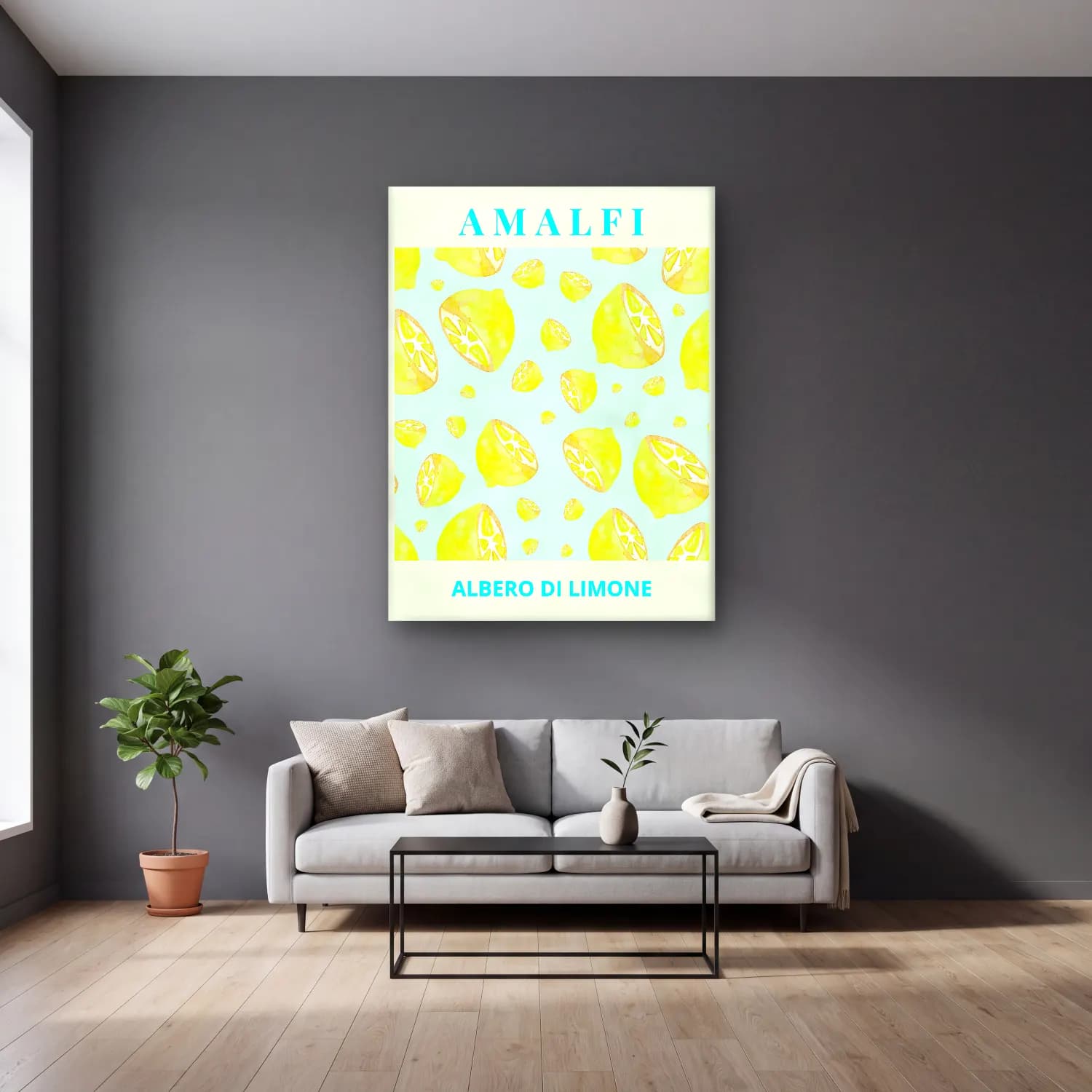 Pastel Limonlar No. 8 cam tablo — gri duvarlı salonda