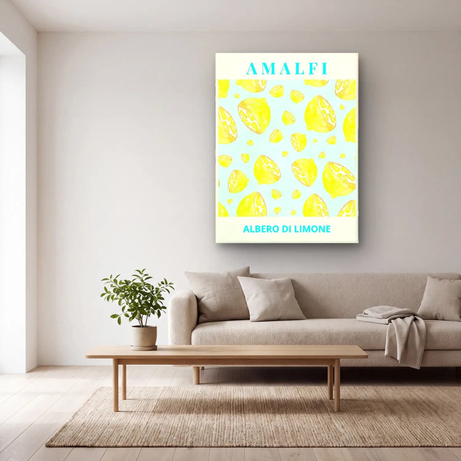 Pastel Limonlar No. 8 cam tablo — açık renk salonda