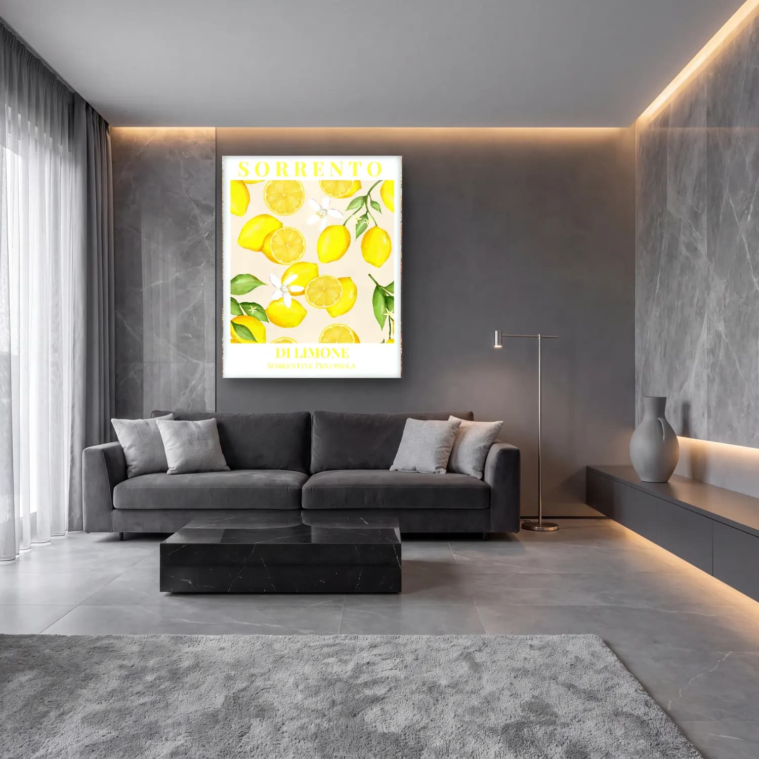 Pastel Limonlar No. 11 cam tablo — lüks salon duvarında