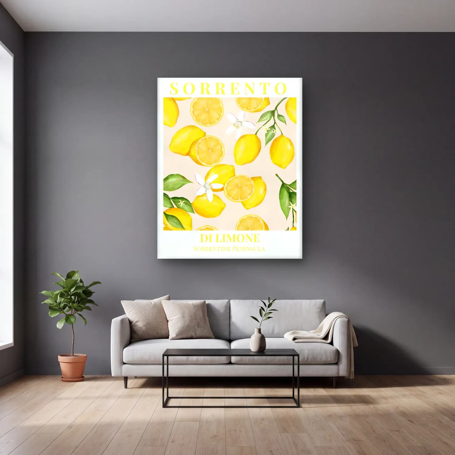 Pastel Limonlar No. 11 cam tablo — gri duvarlı salonda
