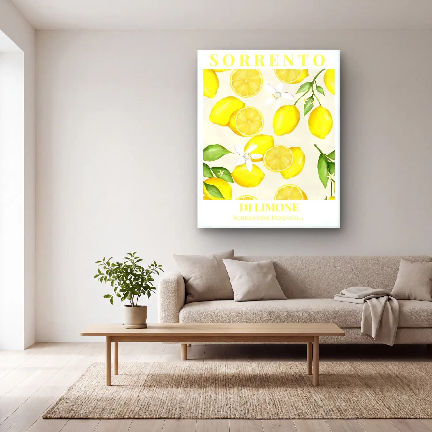 Pastel Limonlar No. 11 cam tablo — açık renk salonda