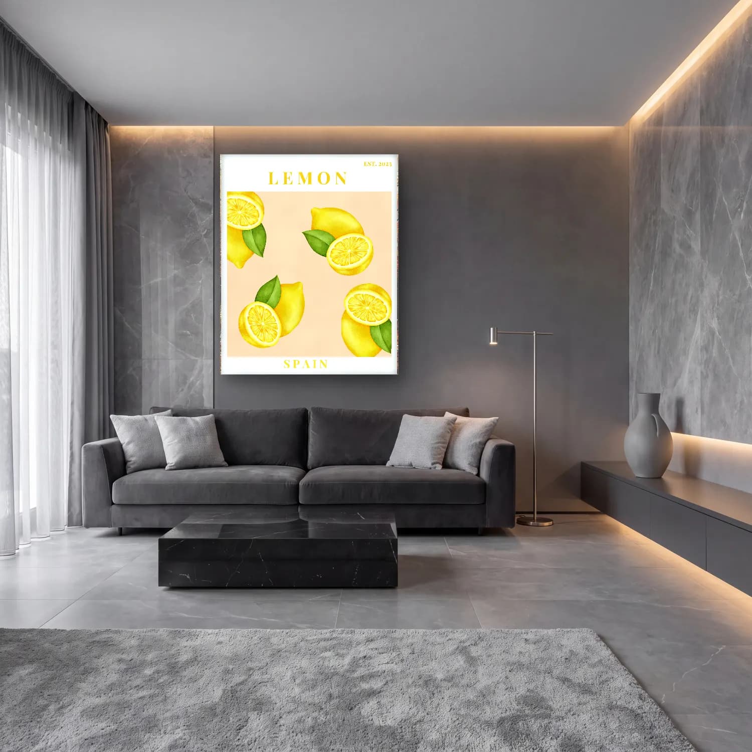 Pastel Limonlar No. 12 cam tablo — lüks salon duvarında
