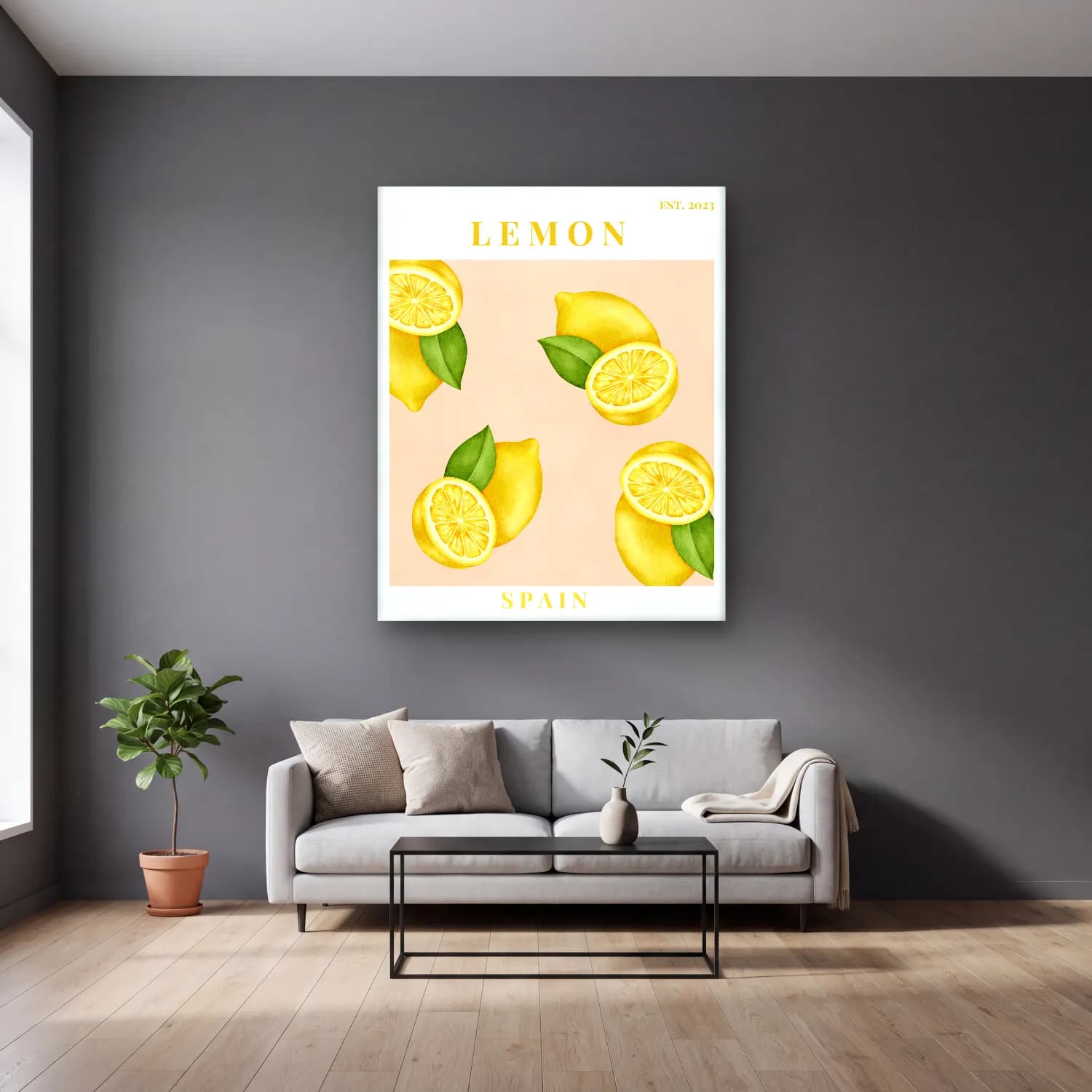 Pastel Limonlar No. 12 cam tablo — gri duvarlı salonda