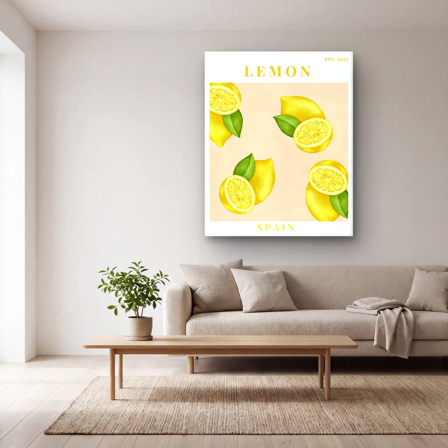 Pastel Limonlar No. 12 cam tablo — açık renk salonda