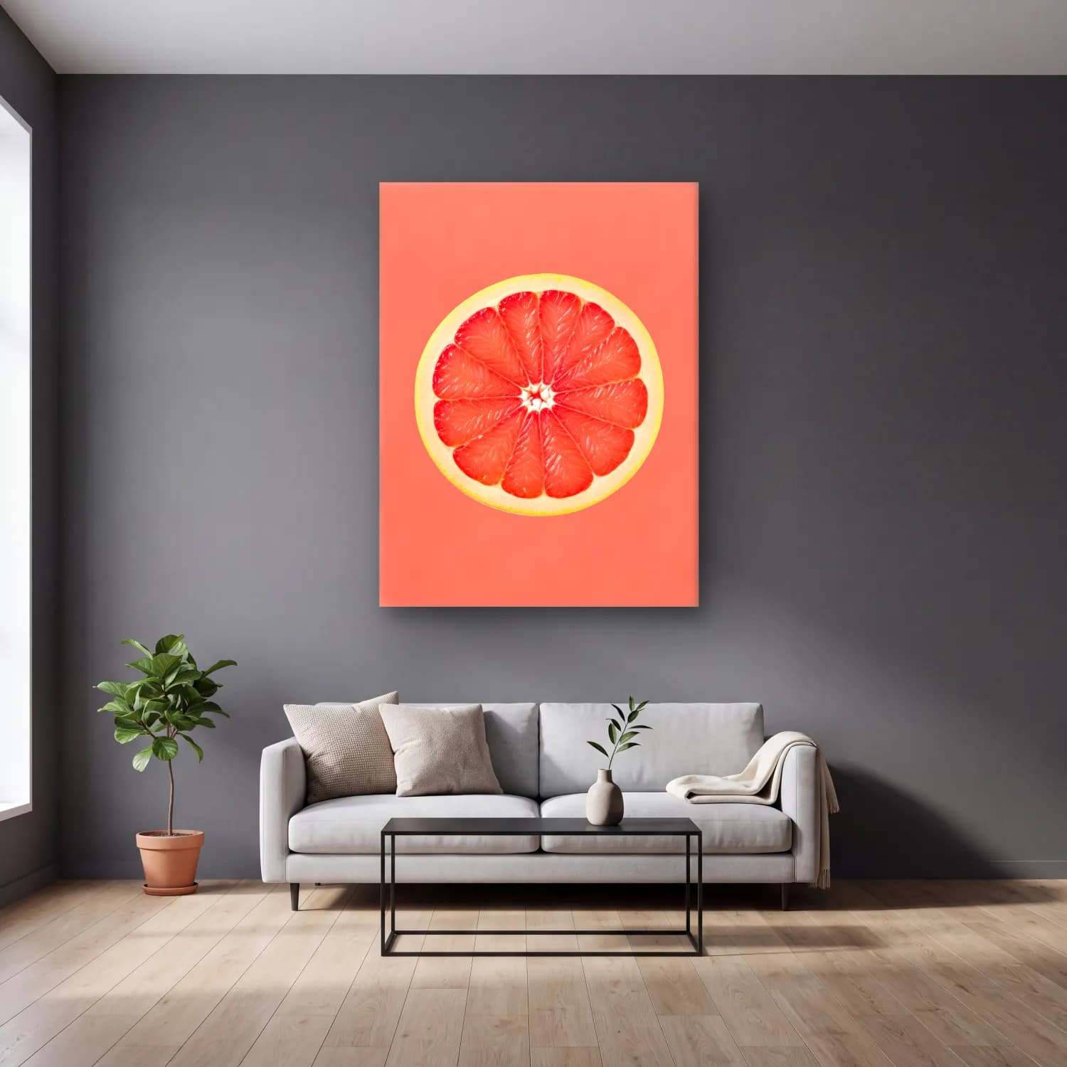 Pastel Karpuz No. 4 cam tablo — gri duvarlı salonda