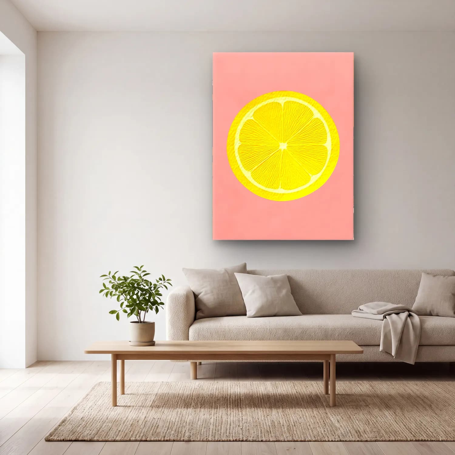 Pastel Limonlar No. 10 cam tablo — açık renk salonda