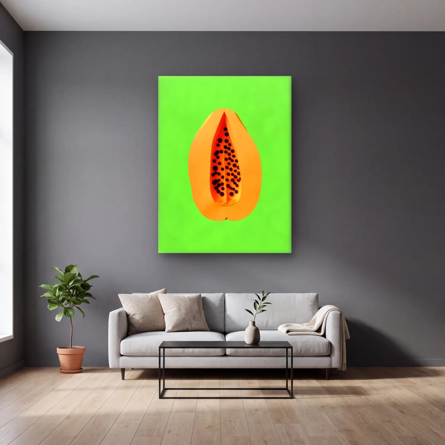 Pop Art Karpuz cam tablo — gri duvarlı salonda