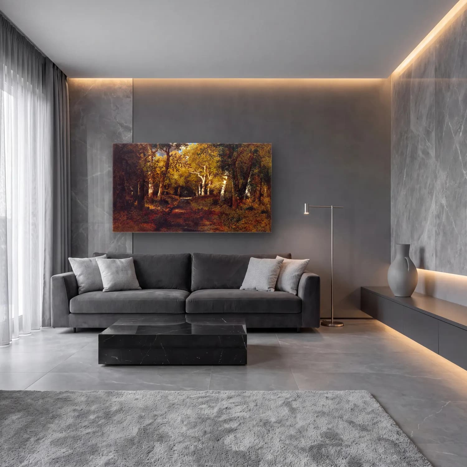 Yağlı Boya Orman No. 8 cam tablo — lüks salon duvarında