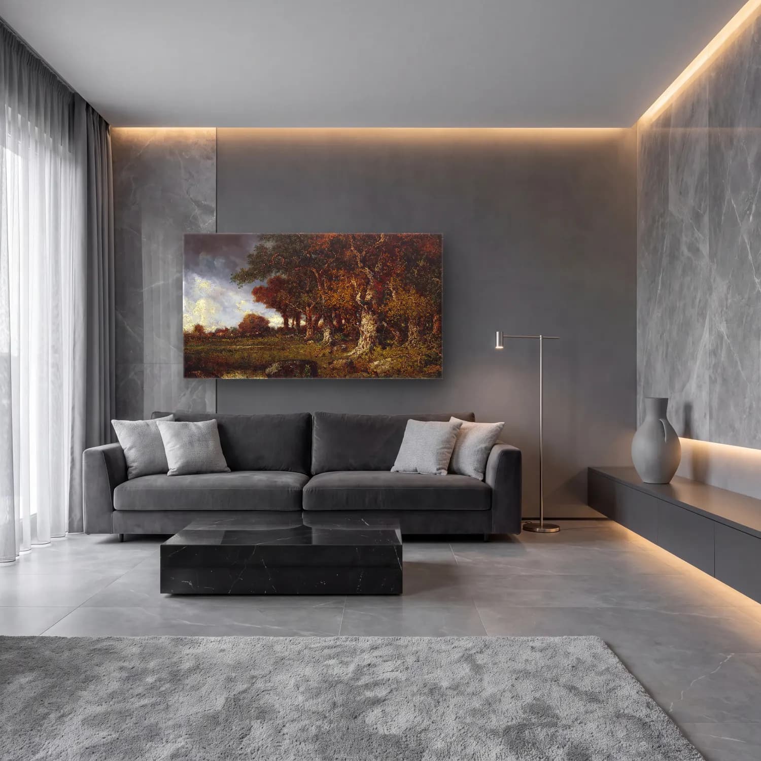 Yağlı Boya Orman No. 11 cam tablo — lüks salon duvarında