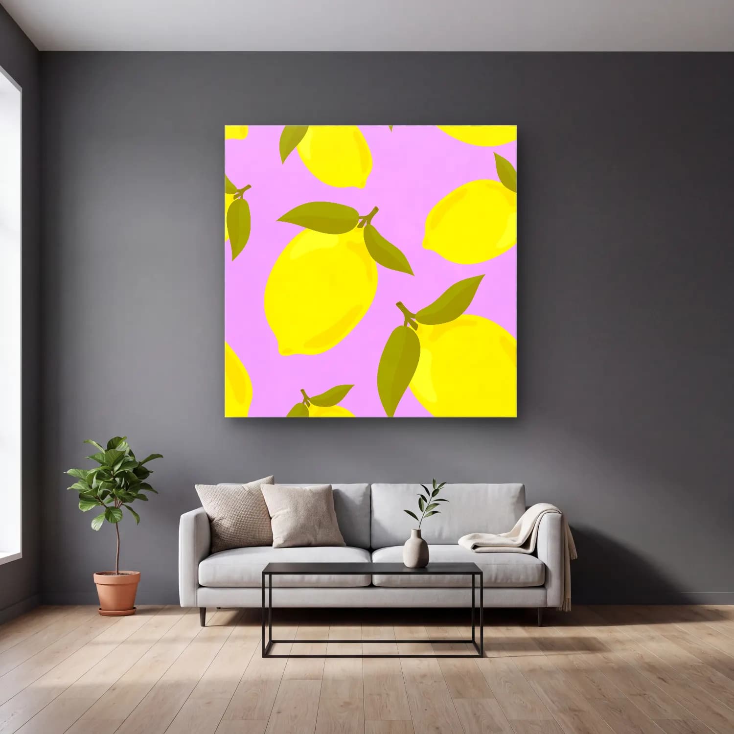 Pastel Limonlar No. 13 cam tablo — gri duvarlı salonda