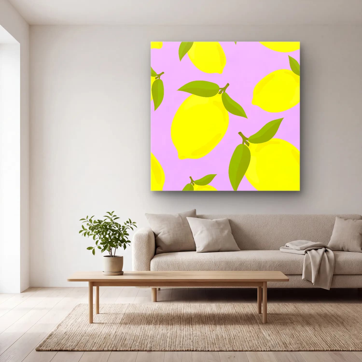 Pastel Limonlar No. 13 cam tablo — açık renk salonda