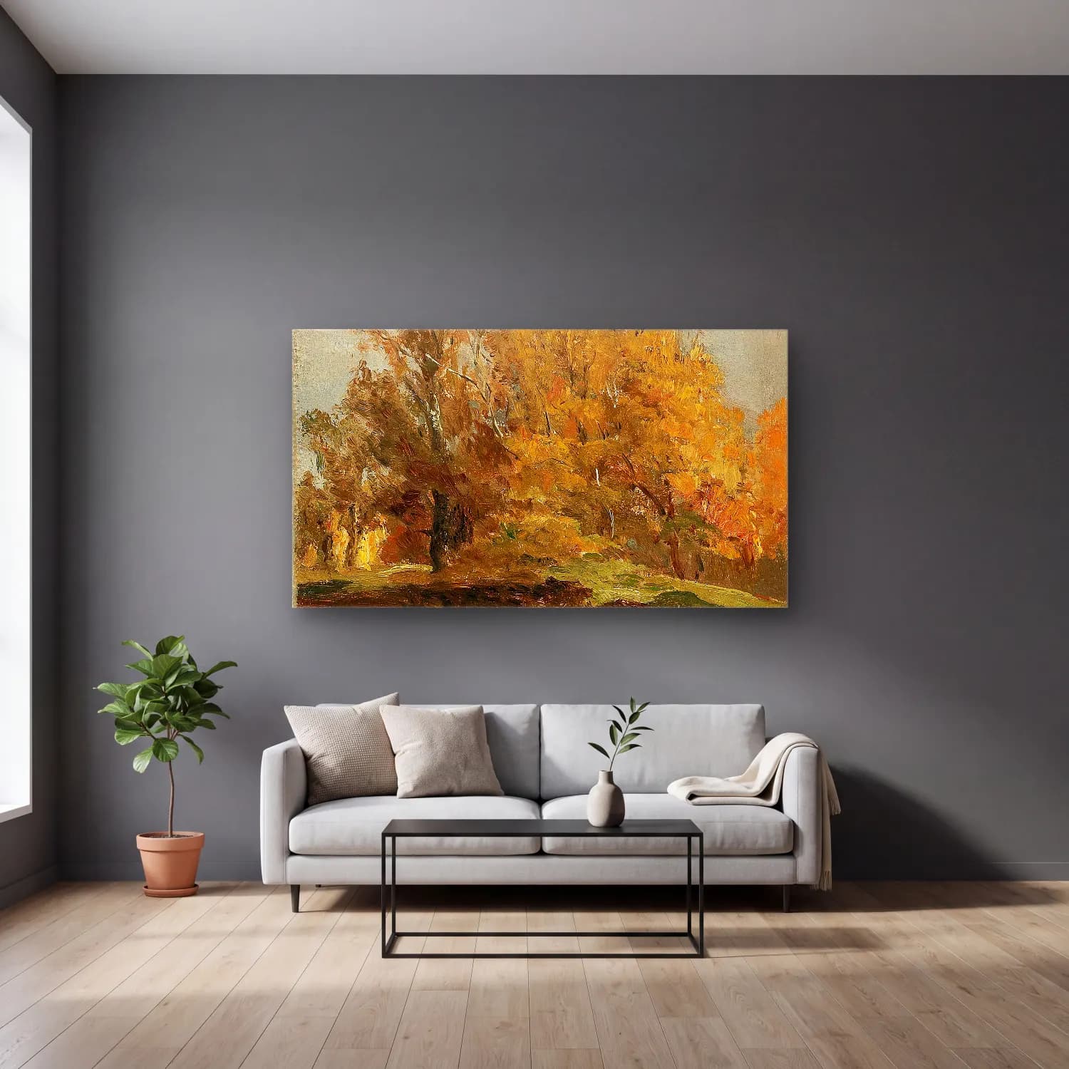 Olga Wisinger-Florian – Olga Wisinger-Florian - Landscape Study cam tablo — gri duvarlı salonda