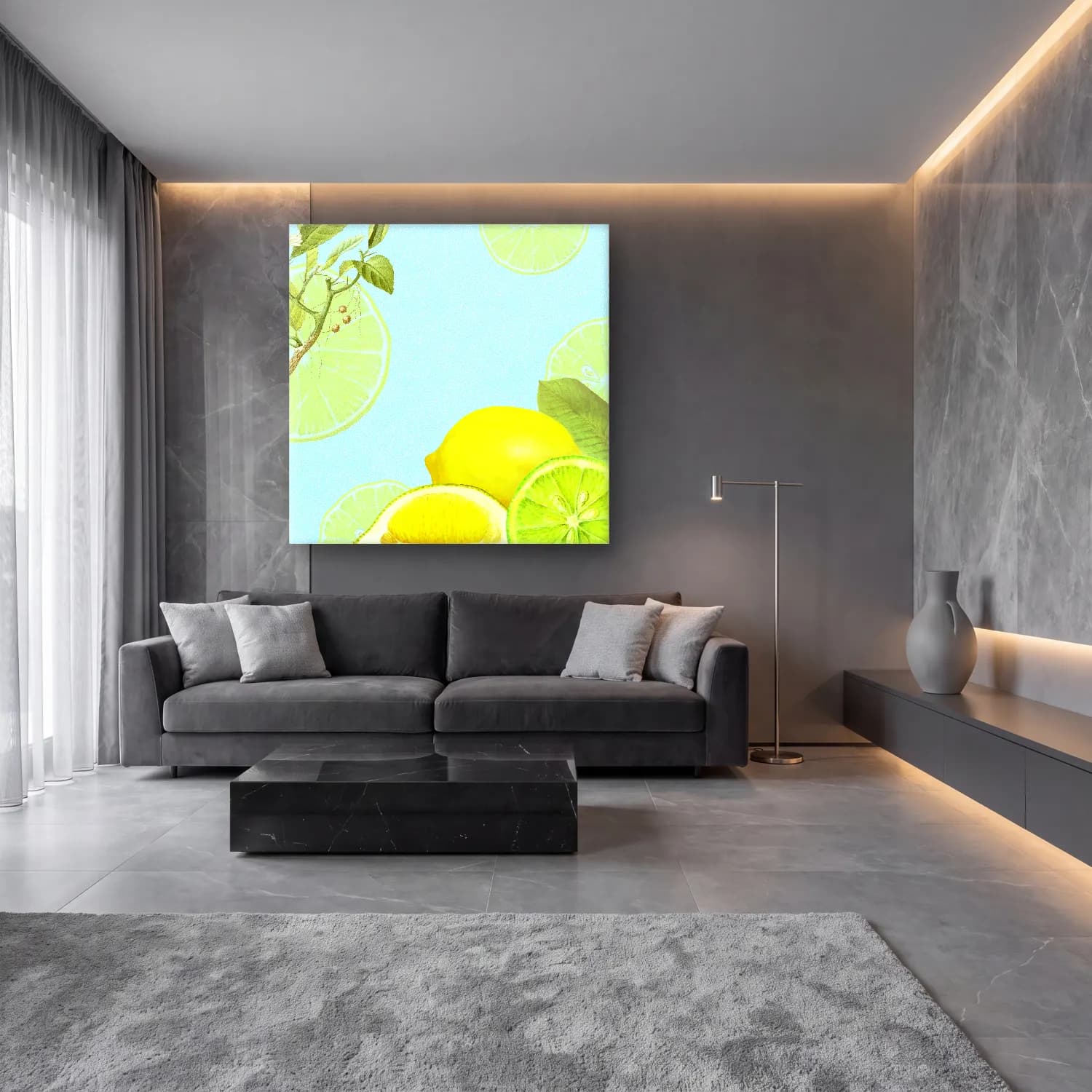 Pastel Limonlar No. 14 cam tablo — lüks salon duvarında