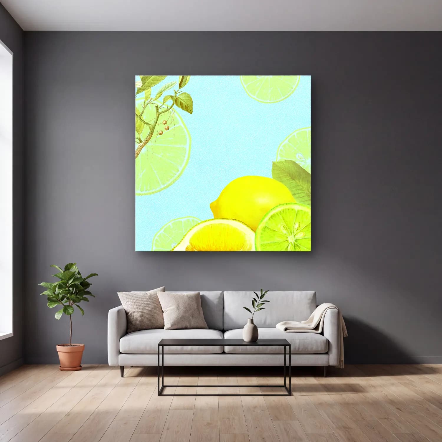 Pastel Limonlar No. 14 cam tablo — gri duvarlı salonda