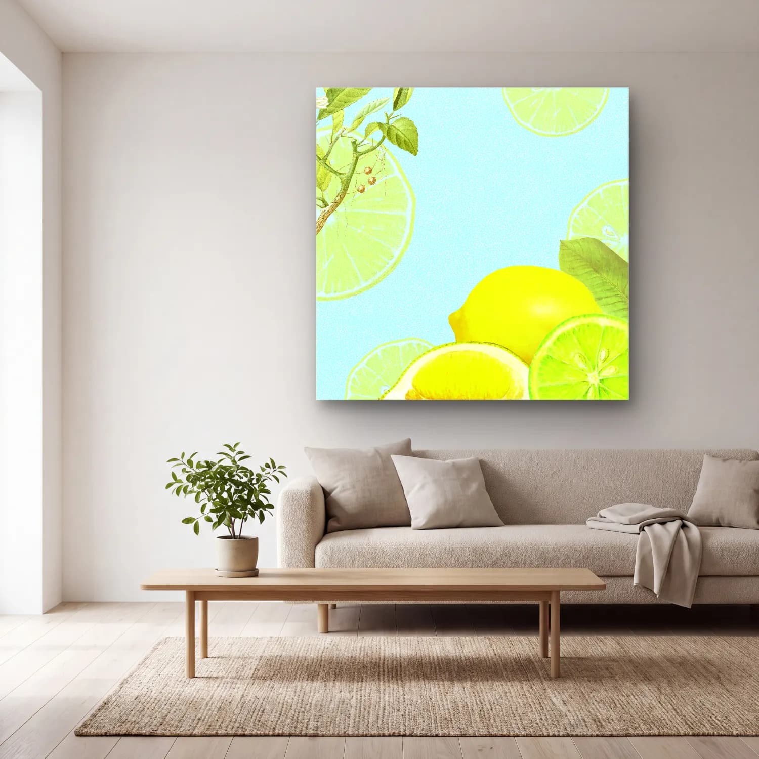Pastel Limonlar No. 14 cam tablo — açık renk salonda