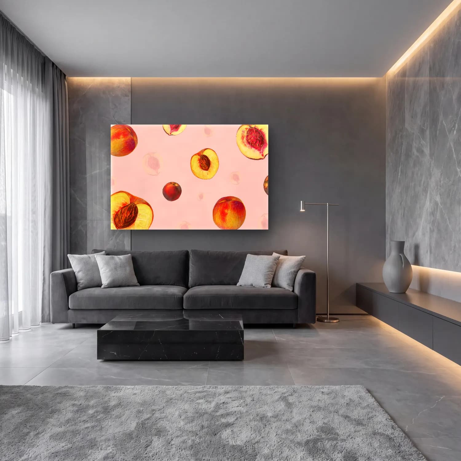 Pastel Meyveli Natürmort – Pembe Tonlar cam tablo — lüks salon duvarında