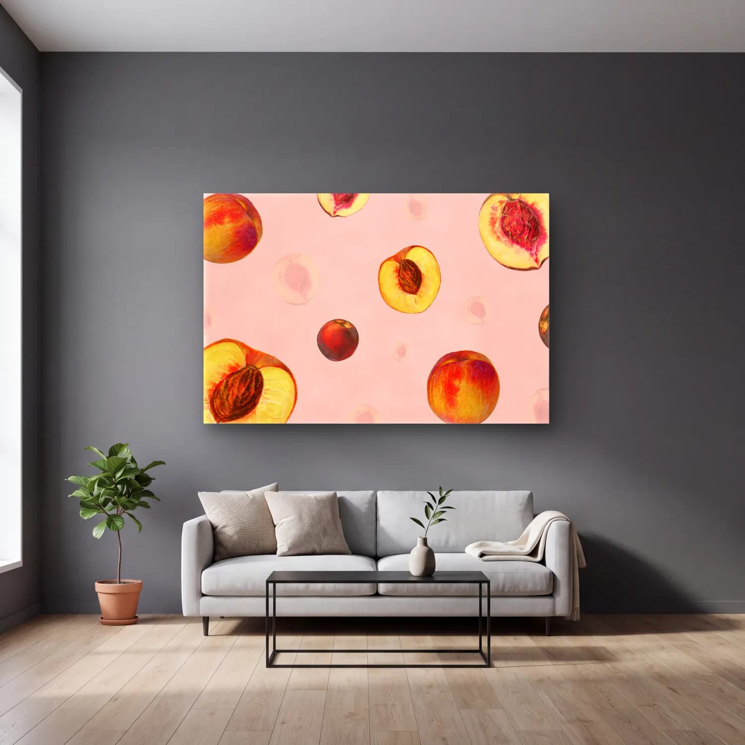 Pastel Meyveli Natürmort – Pembe Tonlar cam tablo — gri duvarlı salonda