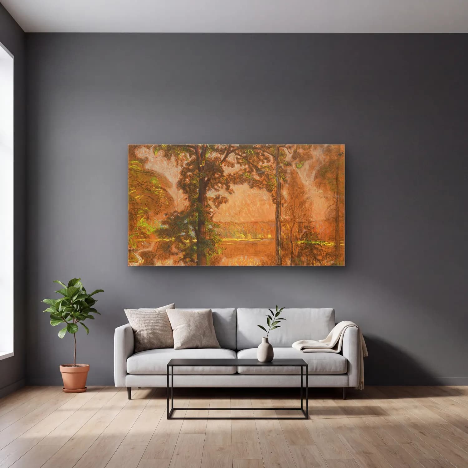 Richard Bergh – Landscape Tyresö cam tablo — gri duvarlı salonda