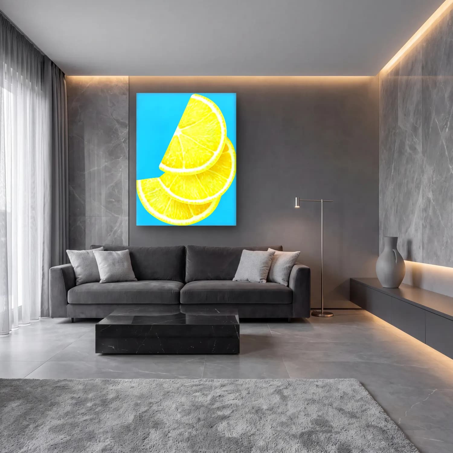 Pop Art Limonlar cam tablo — lüks salon duvarında