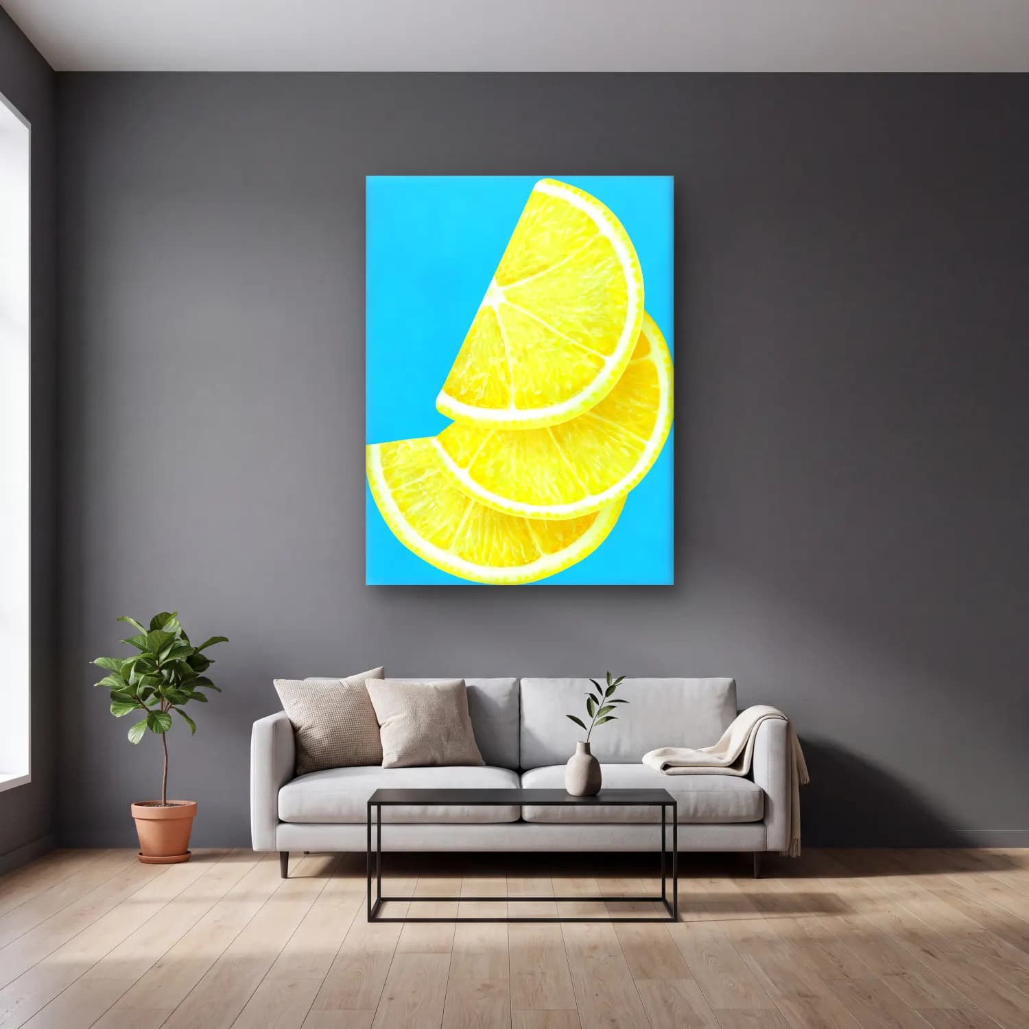 Pop Art Limonlar cam tablo — gri duvarlı salonda