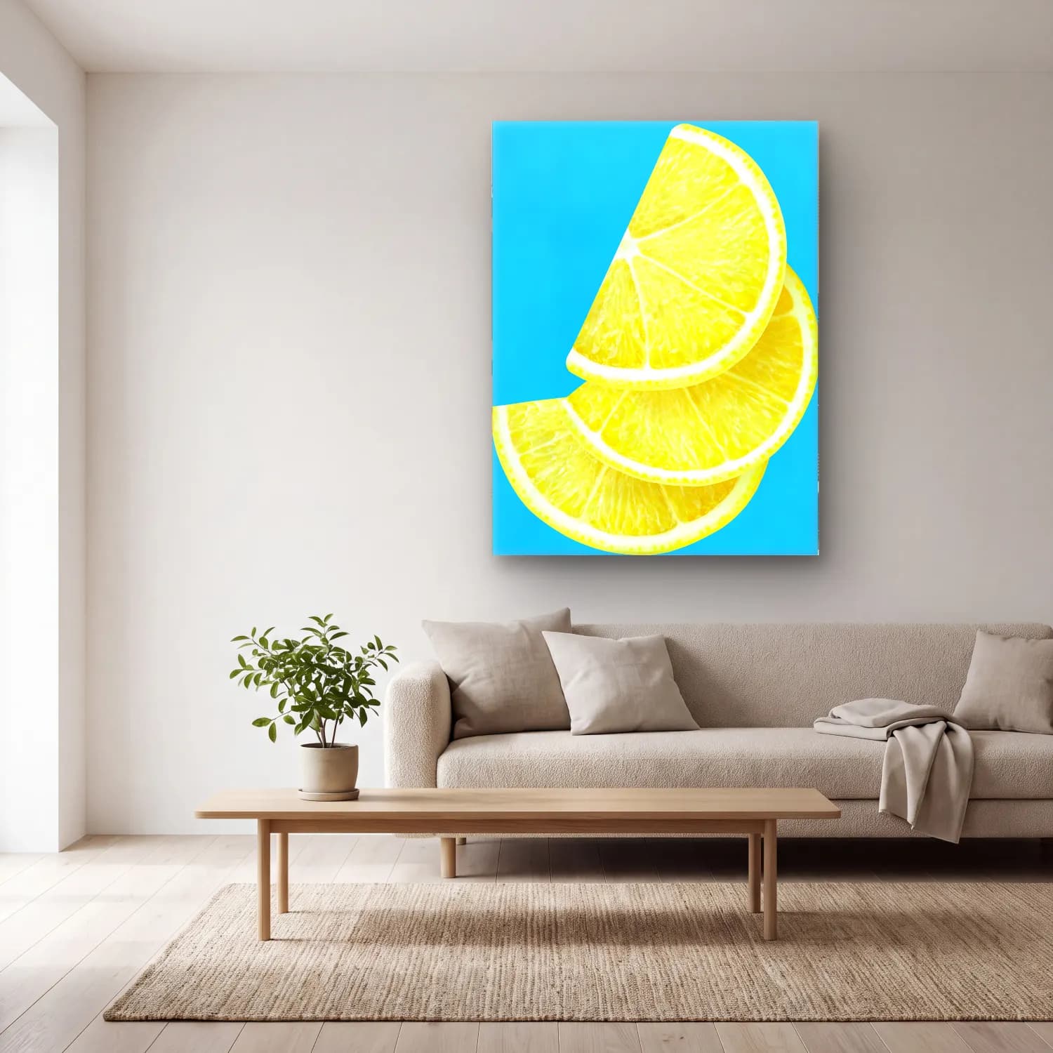 Pop Art Limonlar cam tablo — açık renk salonda