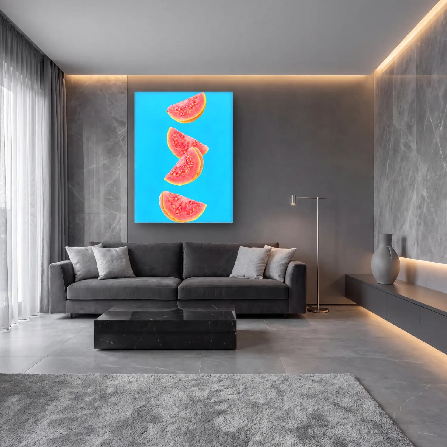 Pastel Karpuz No. 5 cam tablo — lüks salon duvarında