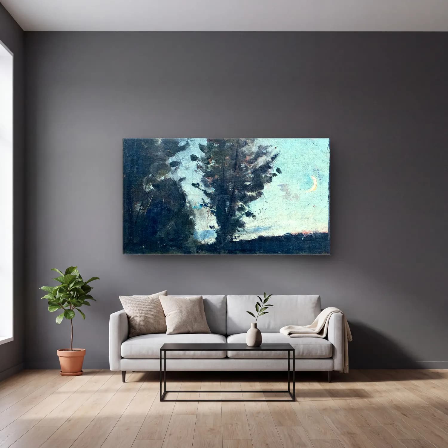 Richard Bergh – Moonlit Landscape cam tablo — gri duvarlı salonda