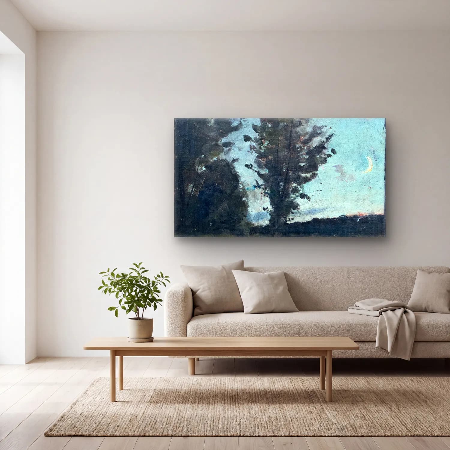 Richard Bergh – Moonlit Landscape cam tablo — açık renk salonda