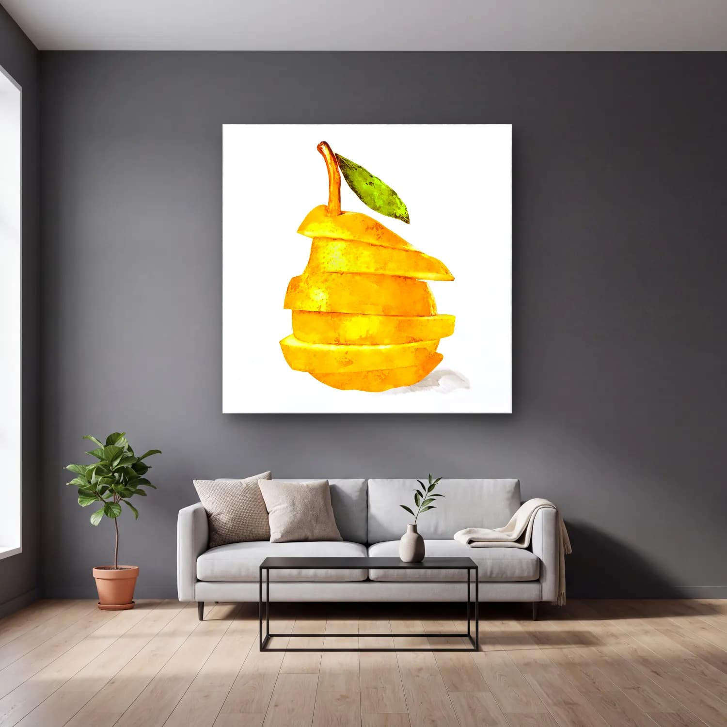Suluboya Limonlar No. 7 cam tablo — gri duvarlı salonda