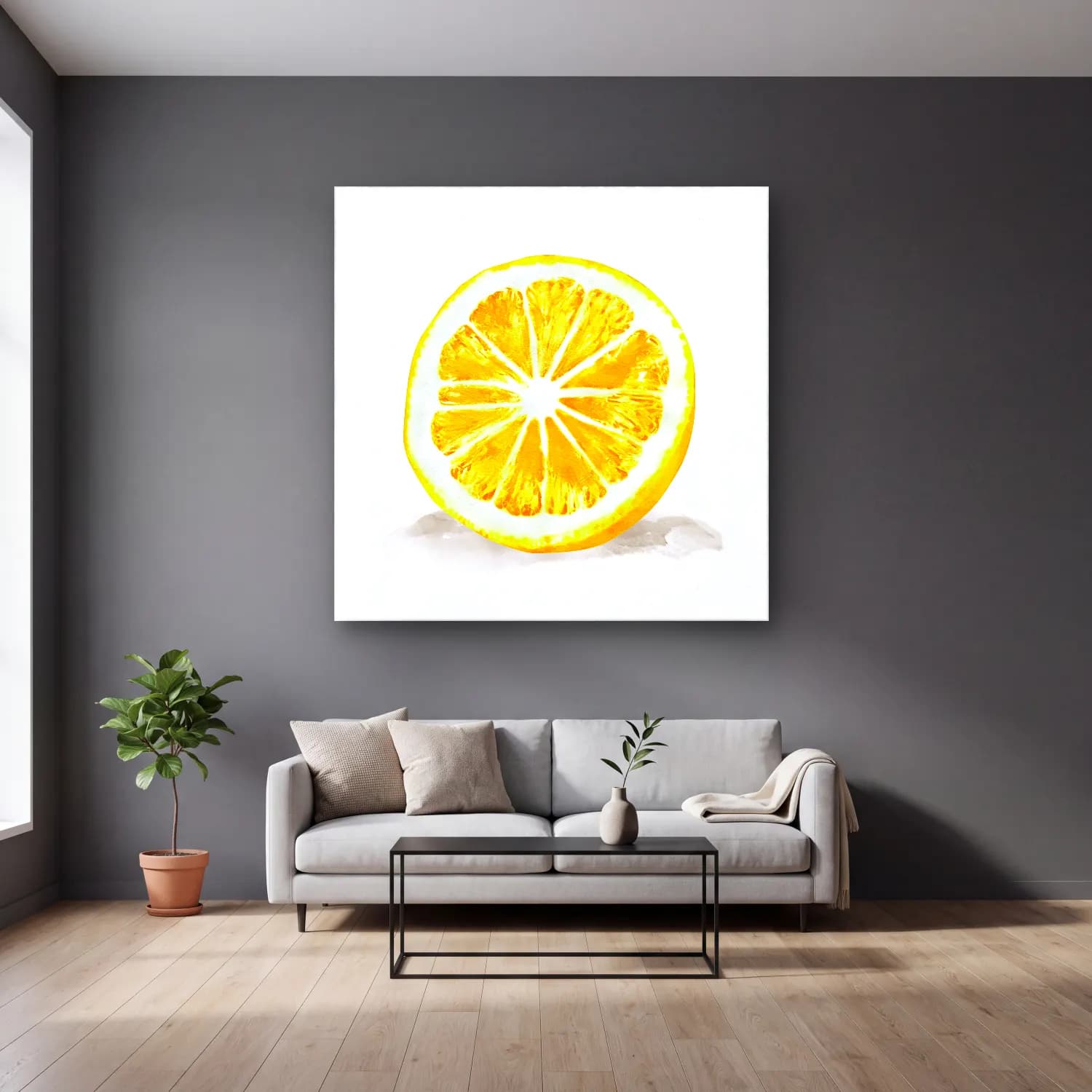 Suluboya Limonlar No. 8 cam tablo — gri duvarlı salonda