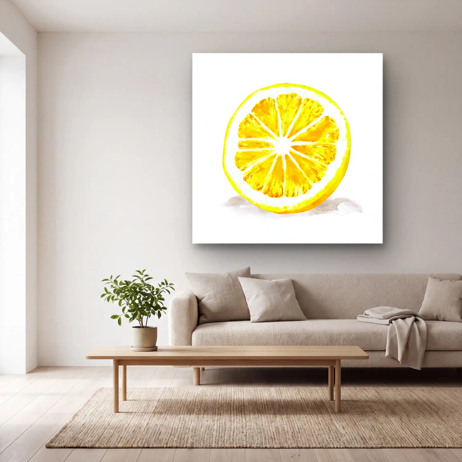 Suluboya Limonlar No. 8 cam tablo — açık renk salonda