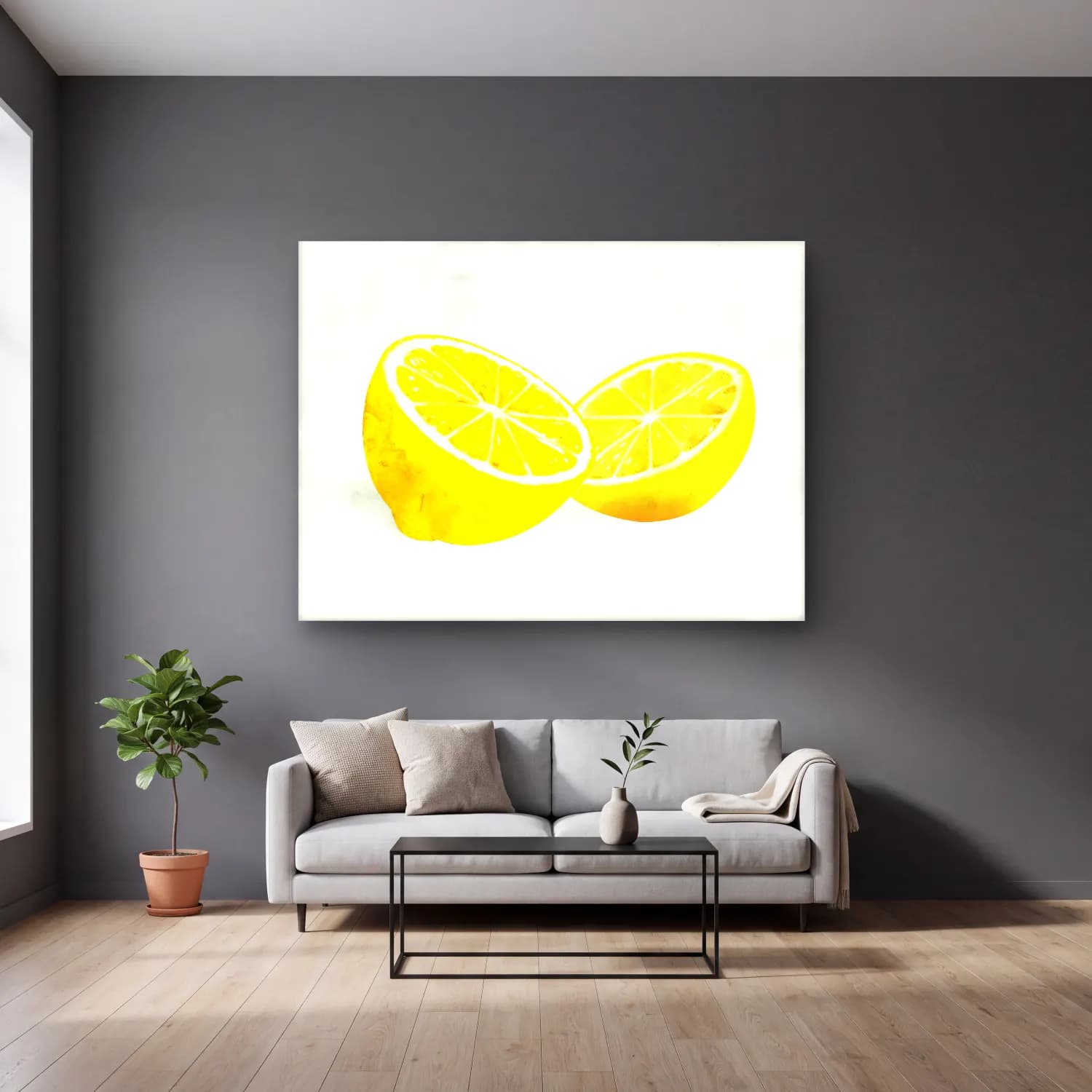Suluboya Limonlar No. 10 cam tablo — gri duvarlı salonda