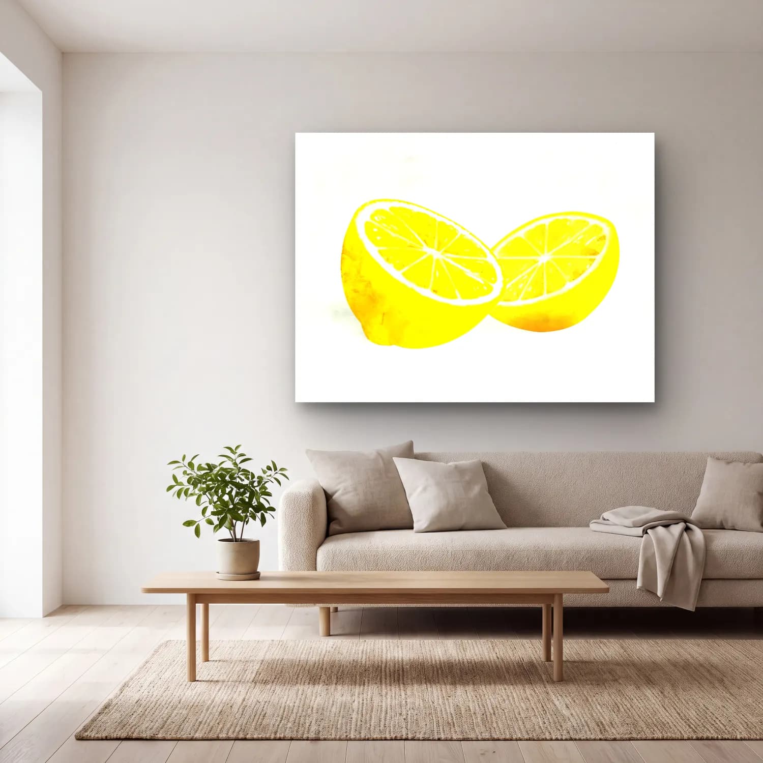 Suluboya Limonlar No. 10 cam tablo — açık renk salonda