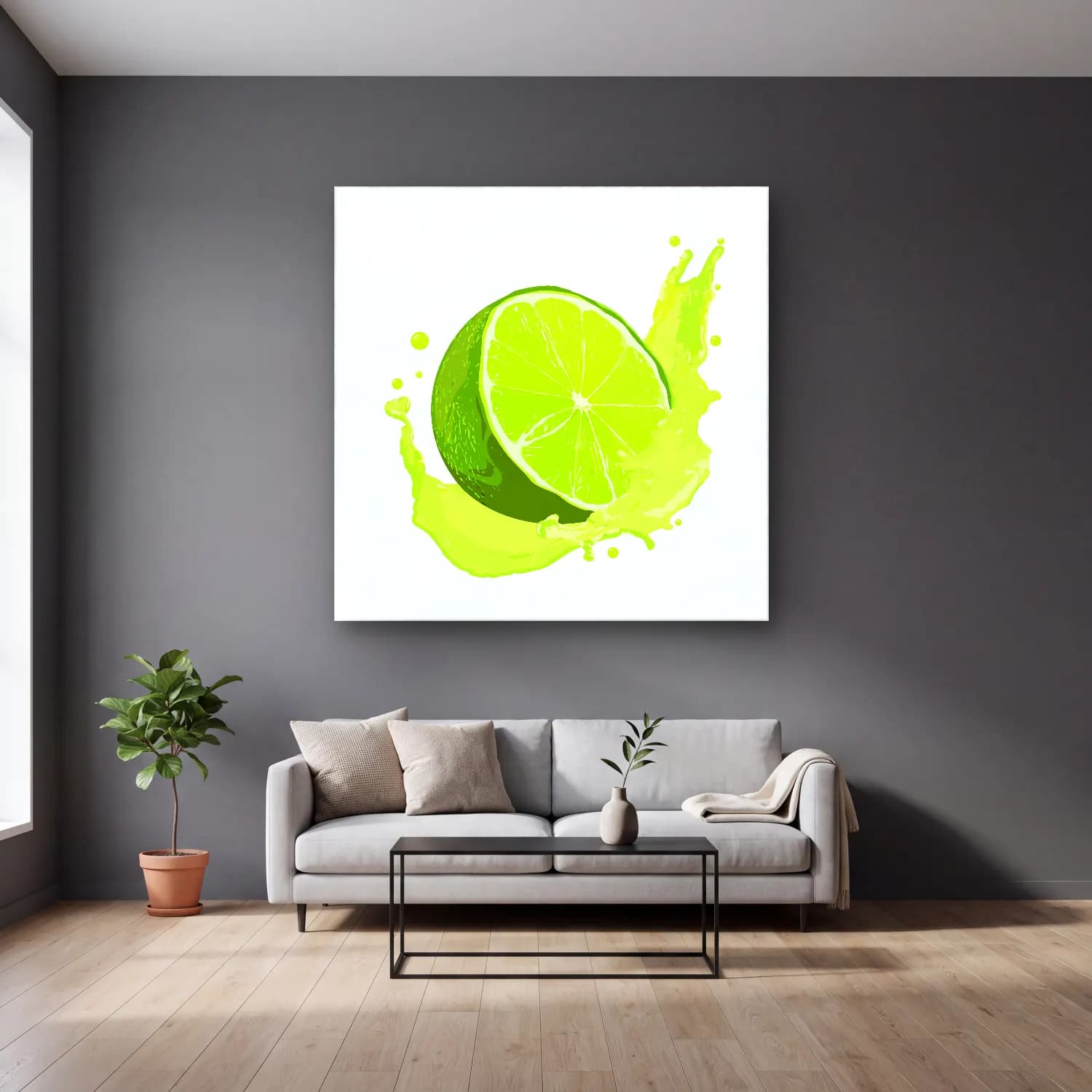 Vintage Limonlar No. 6 cam tablo — gri duvarlı salonda