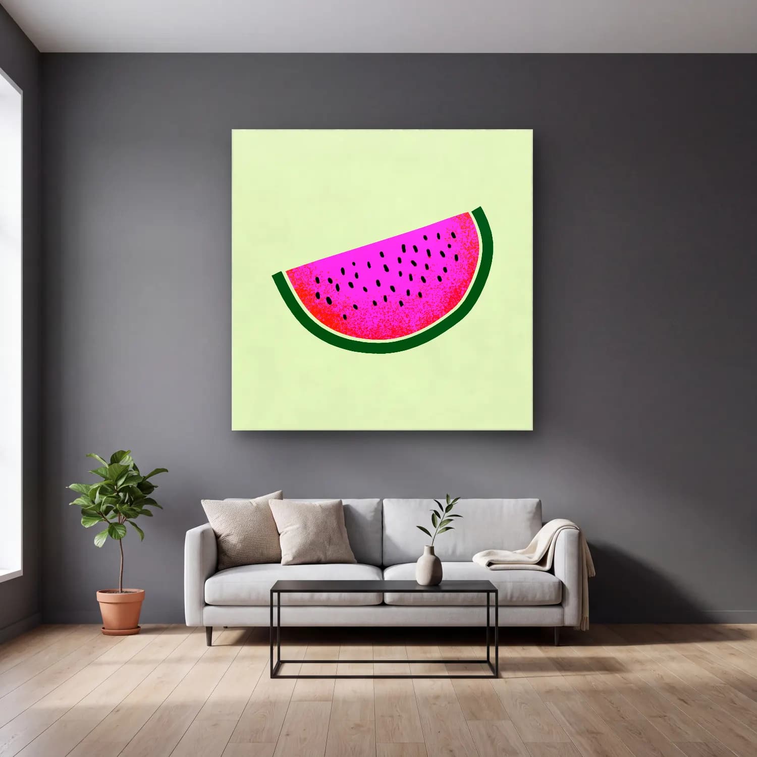 Pop Art Karpuz – Pembe Tonlar cam tablo — gri duvarlı salonda